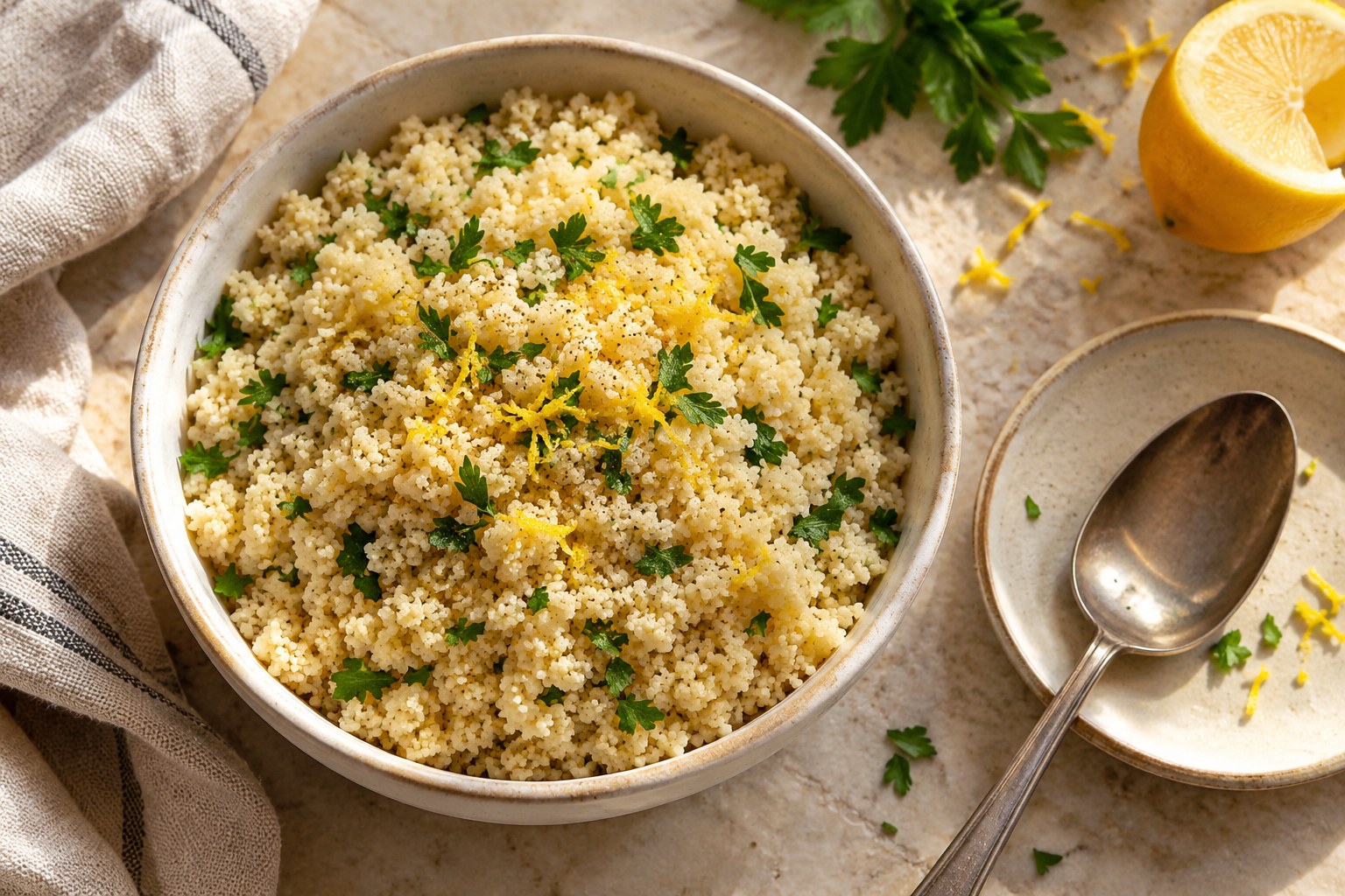 Fluffy fine couscous finished with lemon zest and herbs