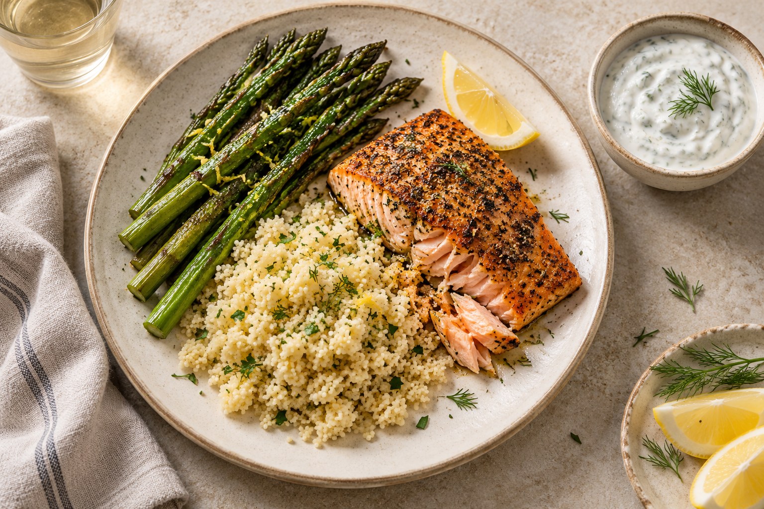 Salmon asparagus and couscous with yogurt dill sauce