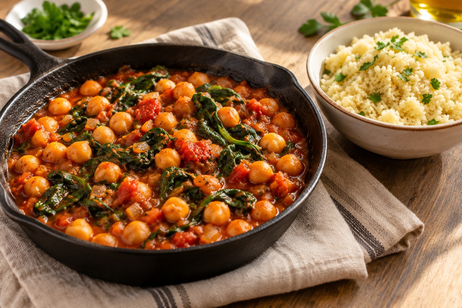 Chickpeas tomatoes and wilted spinach served with couscous