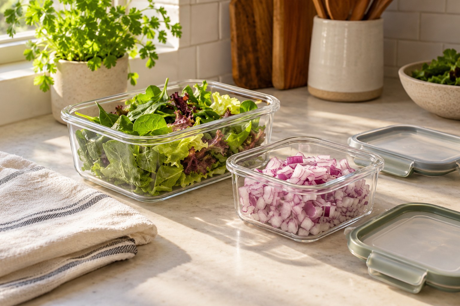 Washed greens and chopped onion stored separately for dinner preparation