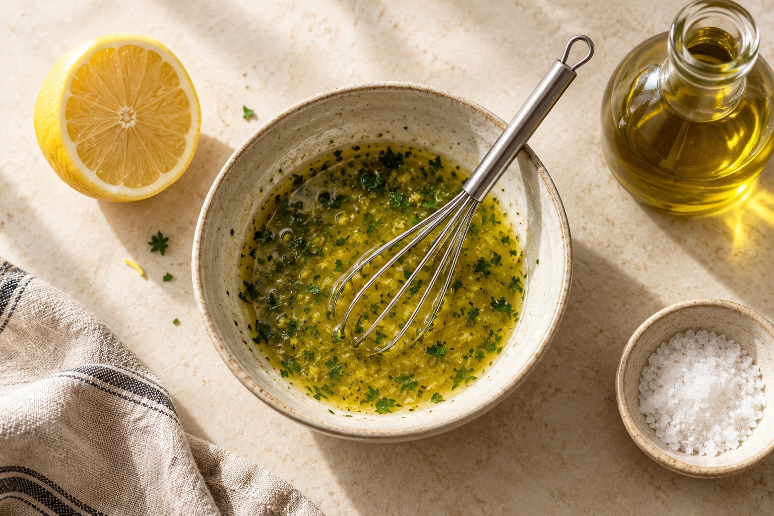 Lemon olive oil and herbs for a simple dinner dressing