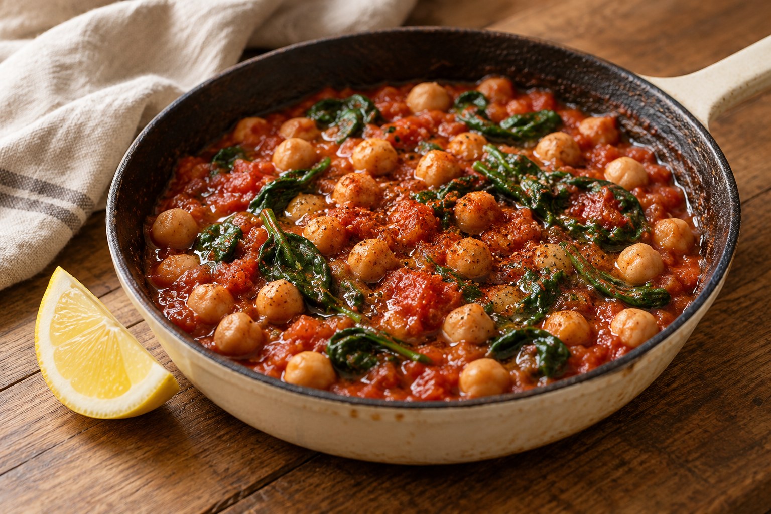 Chickpeas with tomatoes spinach smoked paprika and lemon