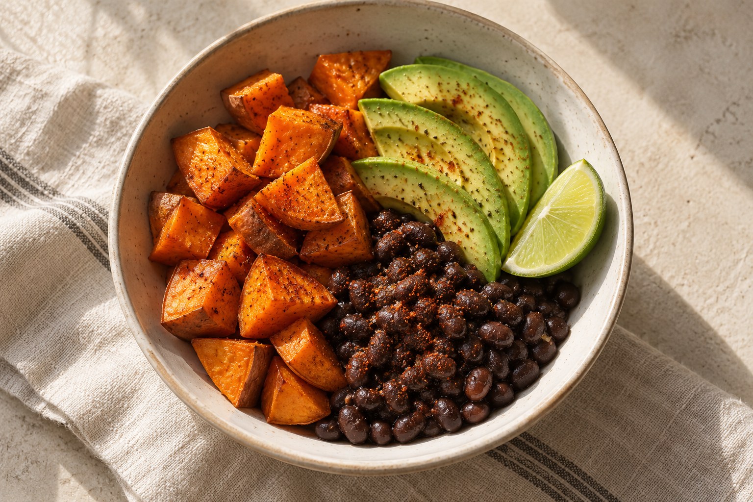 Black bean and sweet potato bowl with avocado and lime