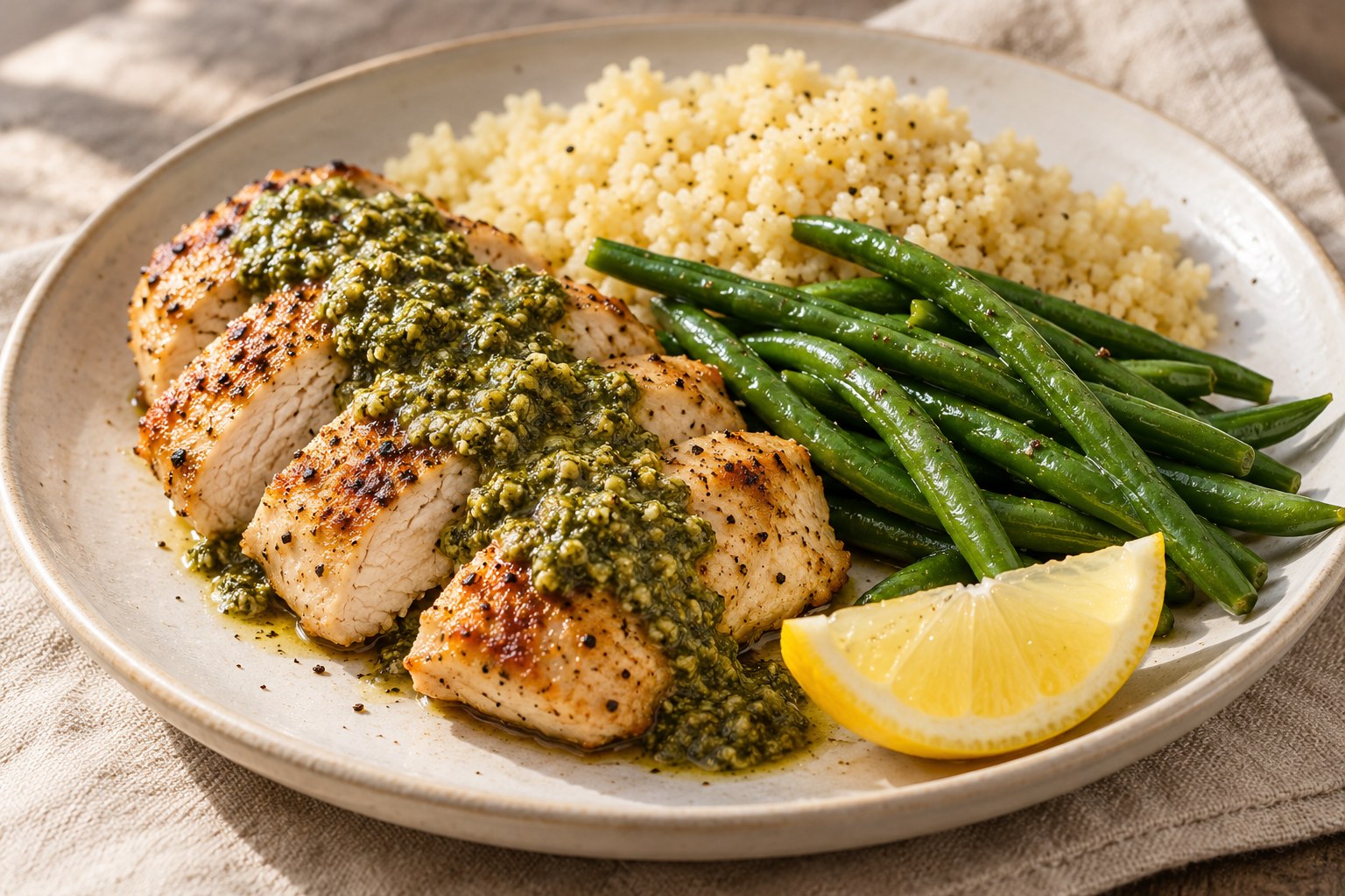 Pesto chicken with green beans lemon and couscous