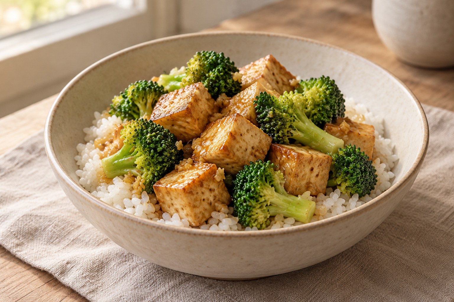 Ginger tofu and broccoli served over rice