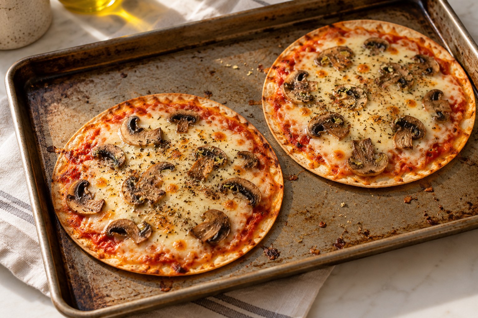 Crisp tortilla pizzas with tomato mozzarella mushrooms and oregano