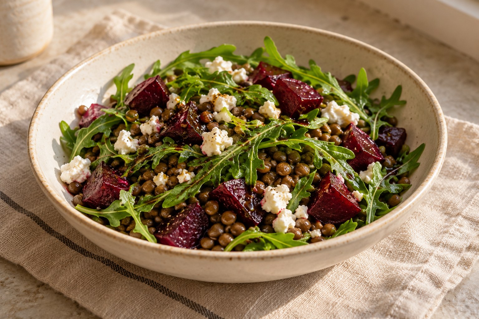 Warm lentil beet and arugula salad with goat cheese