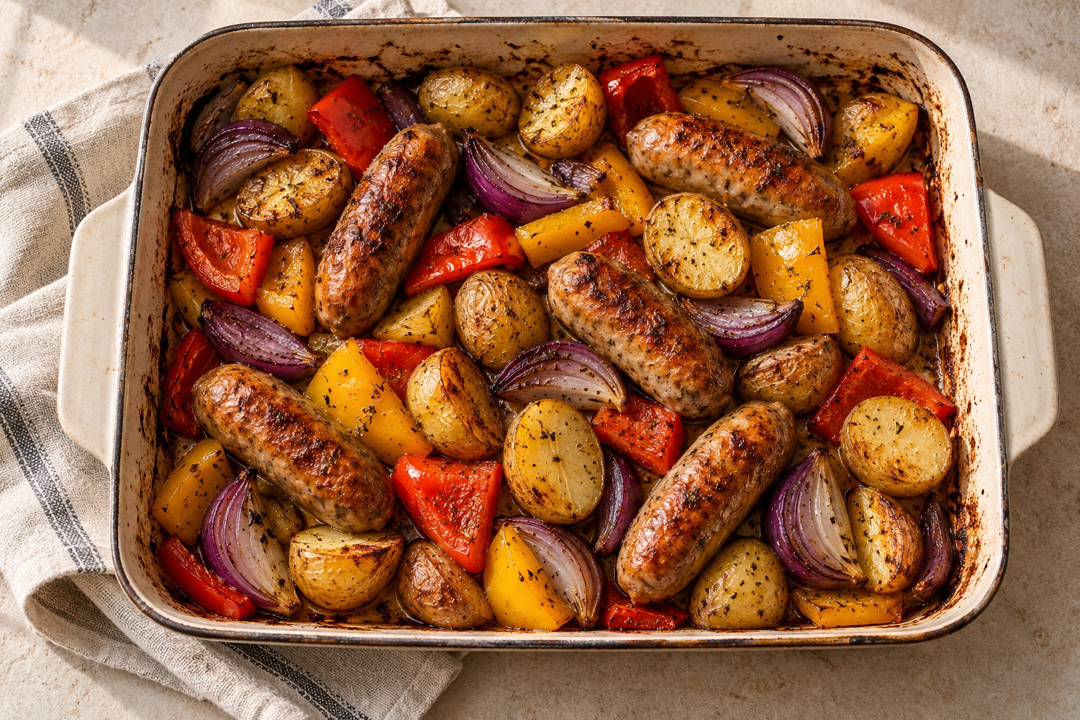Roasted sausage baby potatoes peppers and red onion