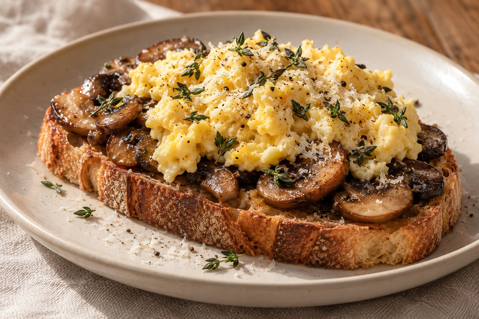 Mushroom egg toast finished with thyme and parmesan