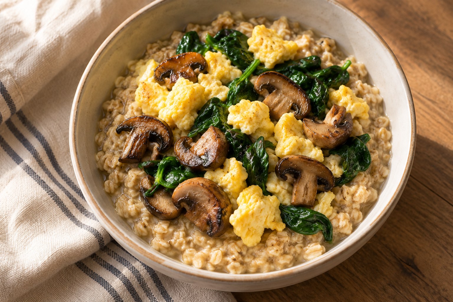 Savory oats with cooked mushrooms spinach and egg