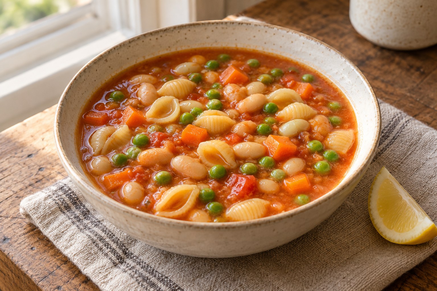 Pantry soup with beans tomatoes small pasta and vegetables