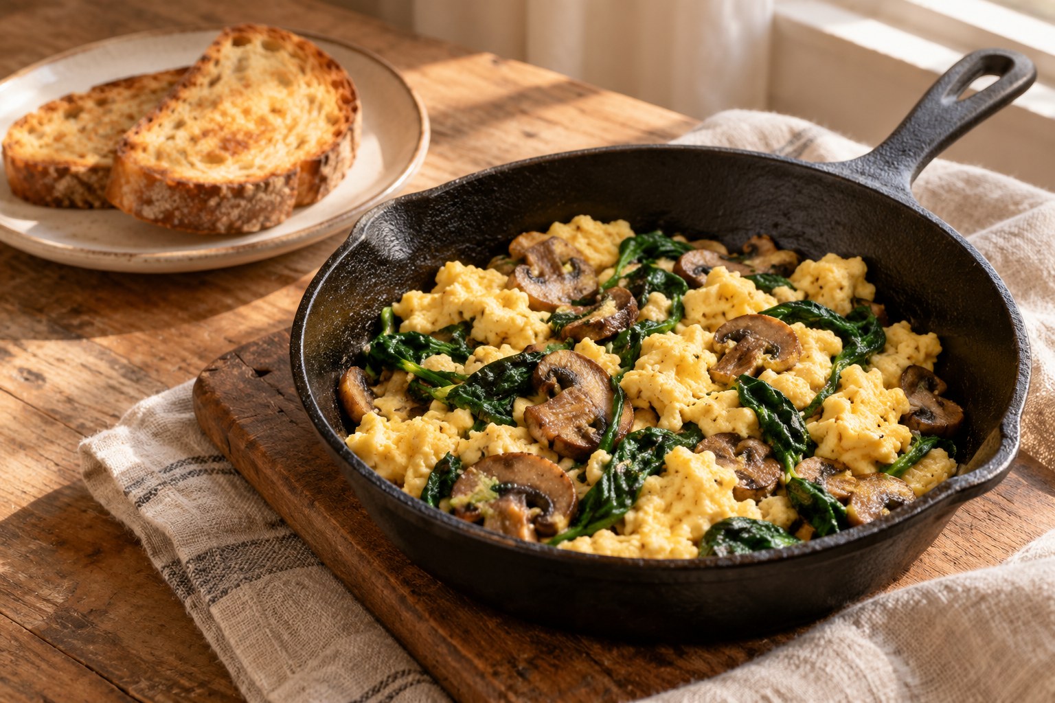 Fully cooked spinach and mushroom skillet eggs with toast