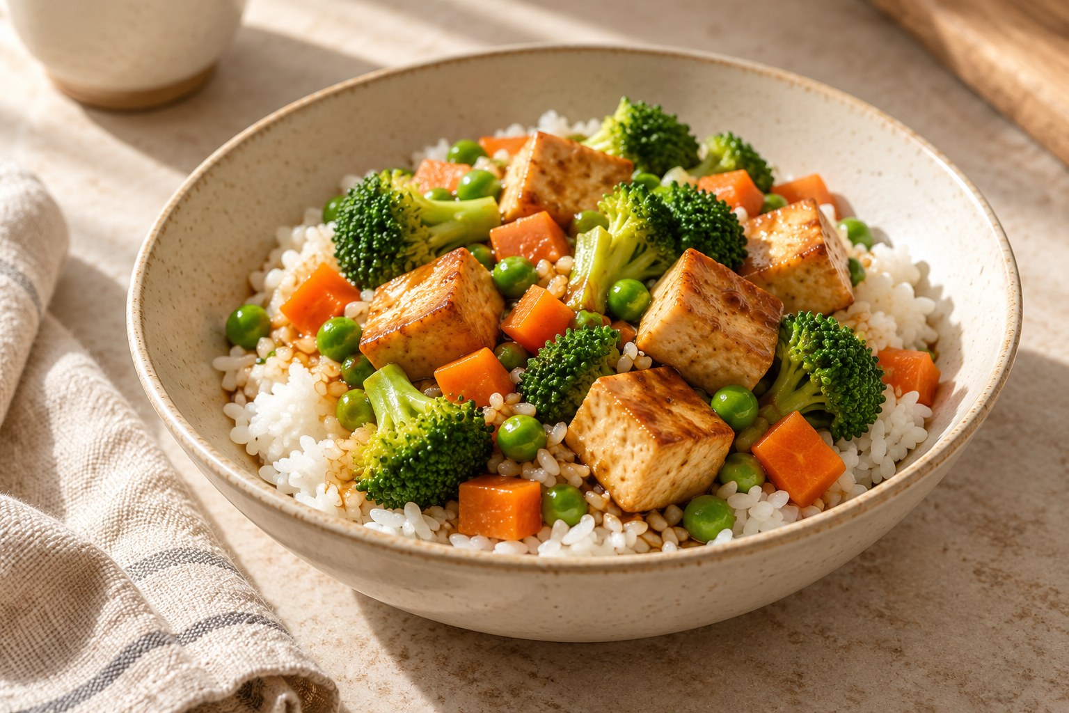 Rice bowl with cooked mixed vegetables and tofu