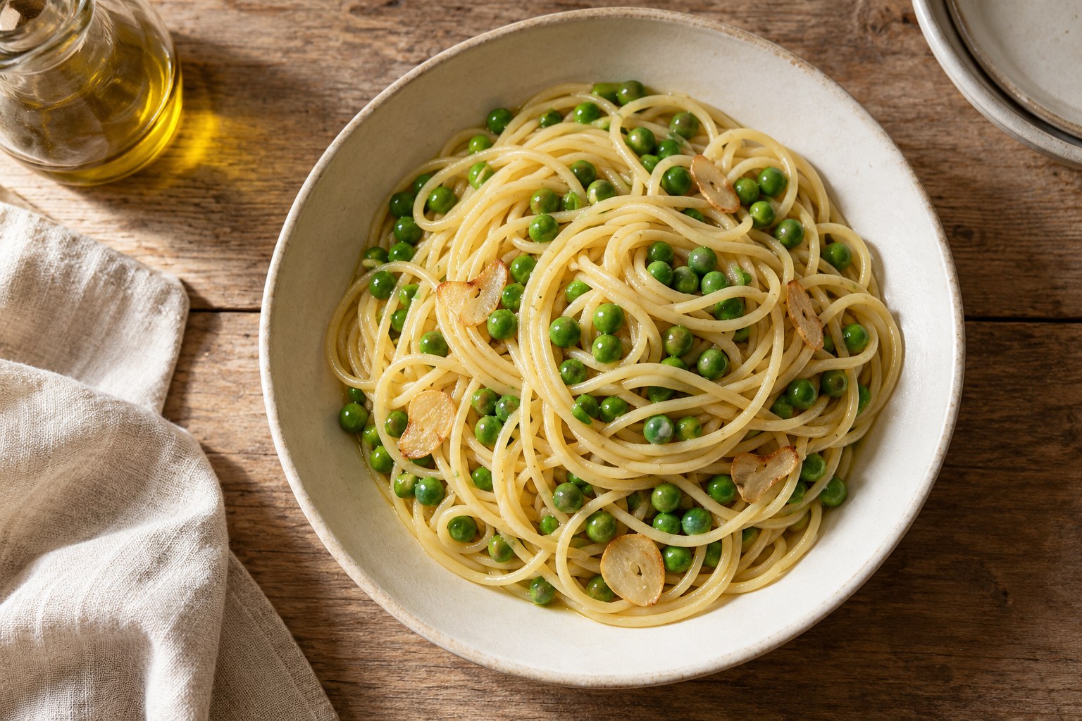 Simple garlic and oil pasta with cooked peas