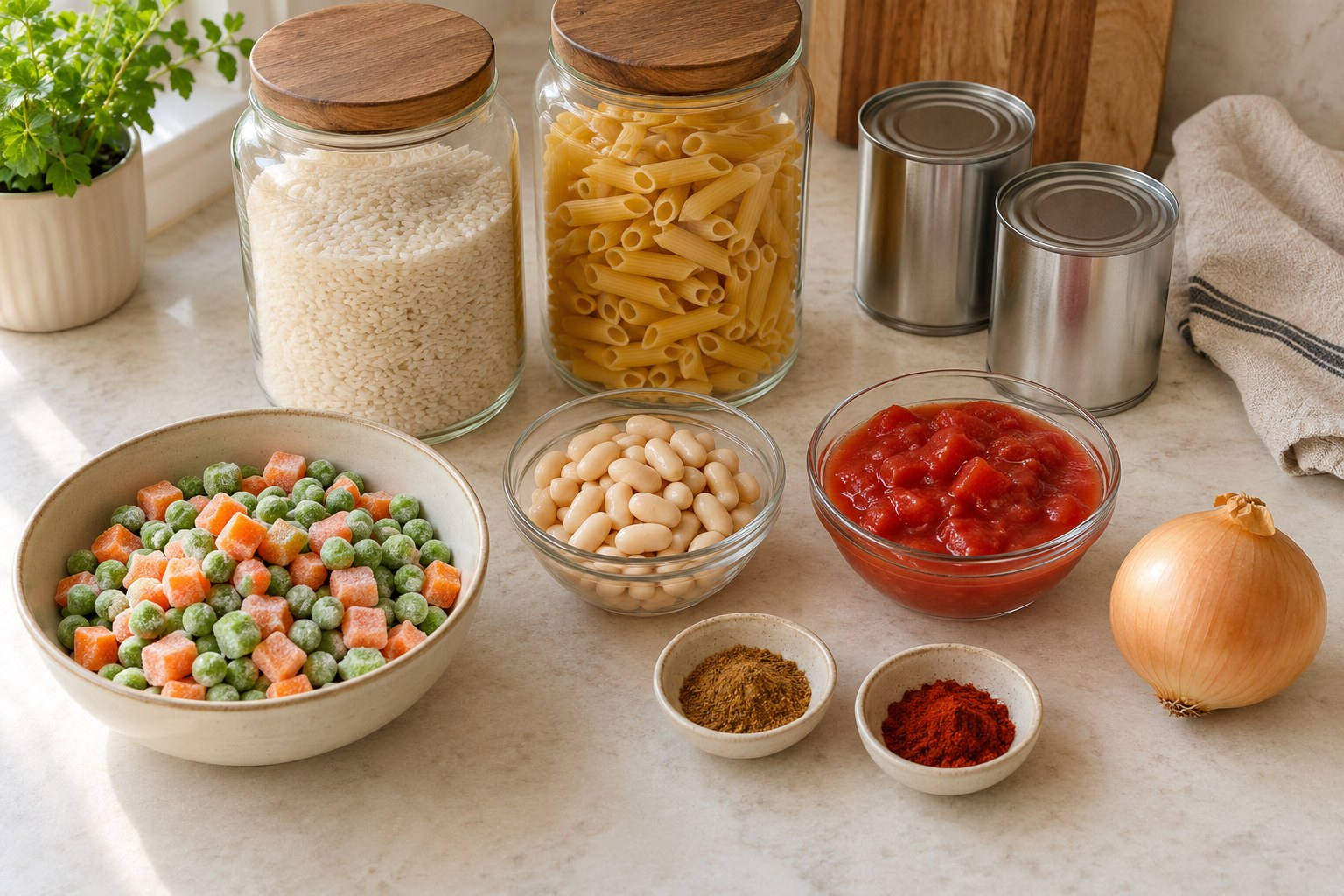 A small pantry collection of grains canned beans tomatoes and onions