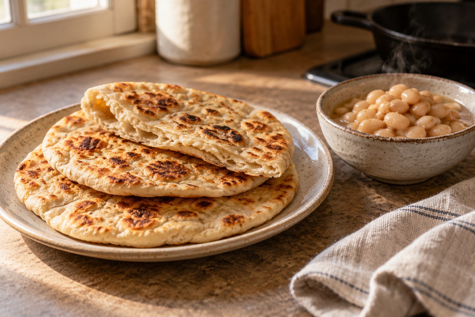 Cooked flour and water flatbreads with heated beans