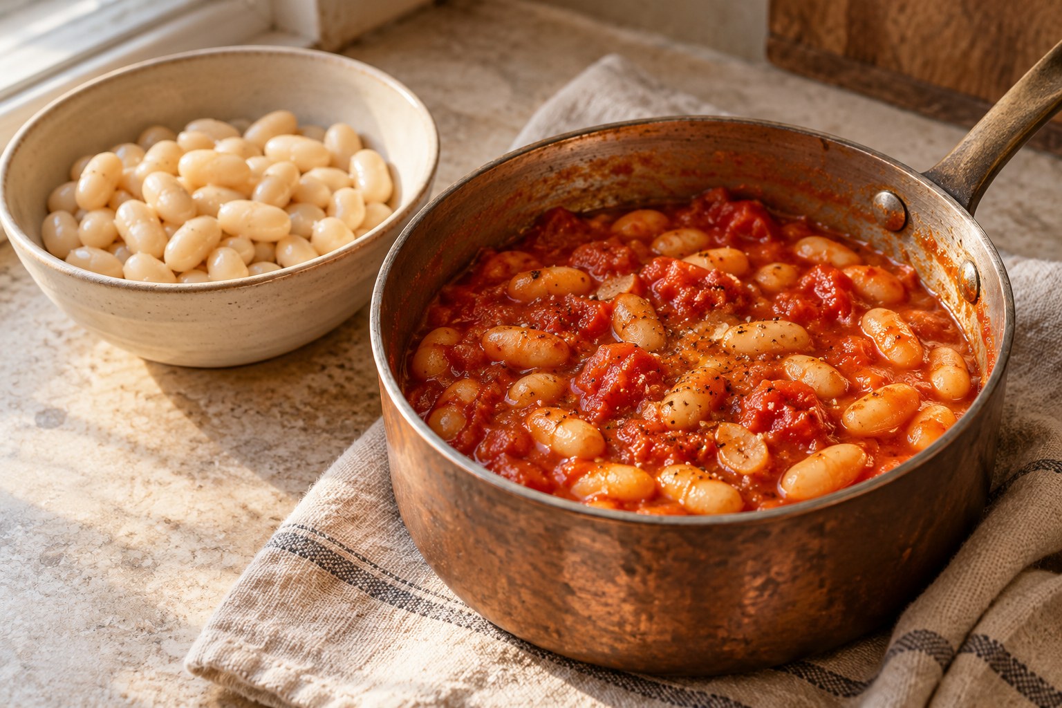Plain cooked white beans reserved separately from tomato garlic beans