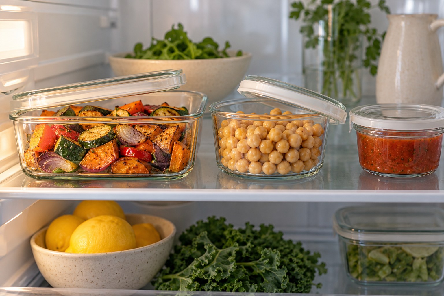 Small shallow containers of cooked vegetables and beans on a refrigerator shelf