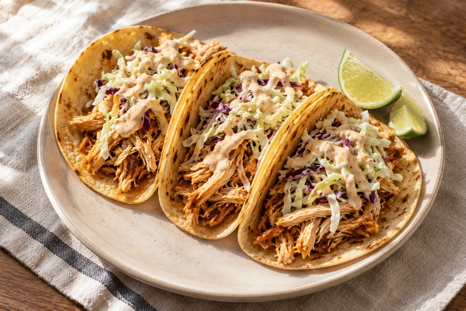 Shredded cooked chicken tacos with cabbage slaw and lime