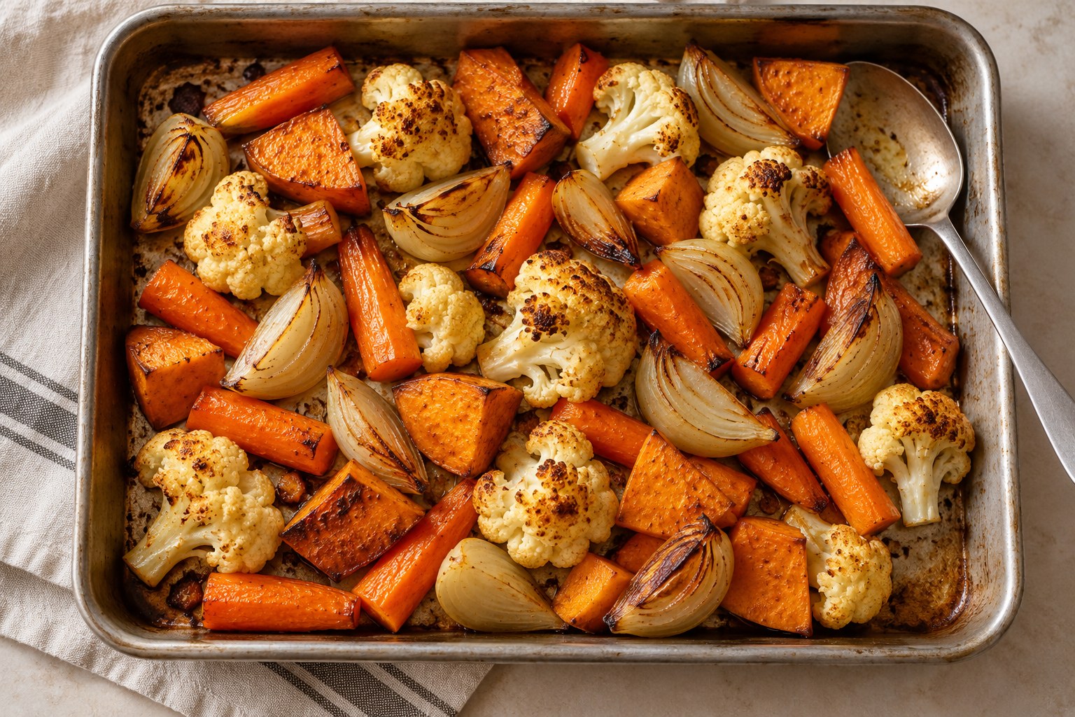 Roasted carrots cauliflower onions and sweet potatoes ready to portion