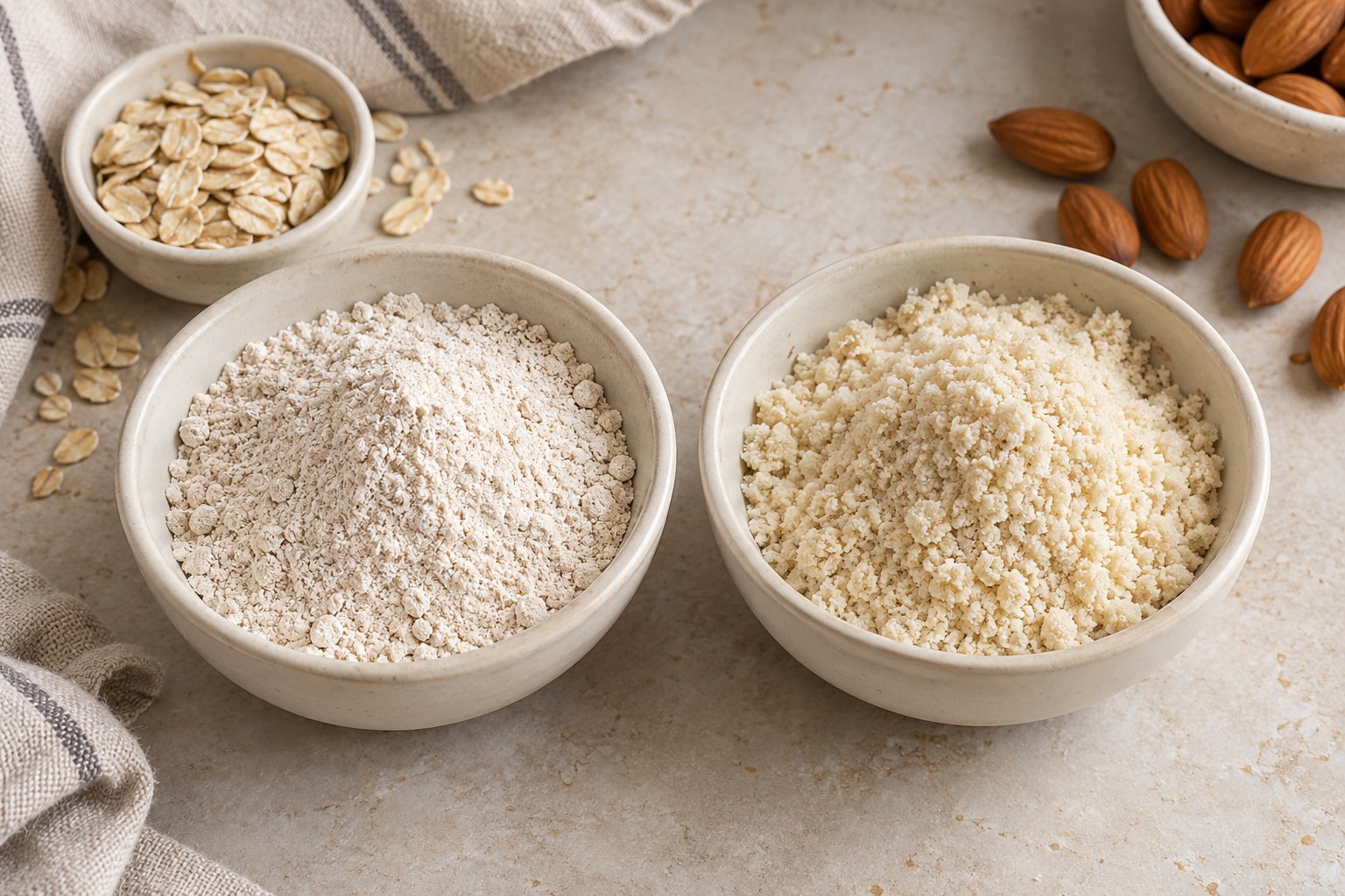 Oat flour and almond flour with their source ingredients