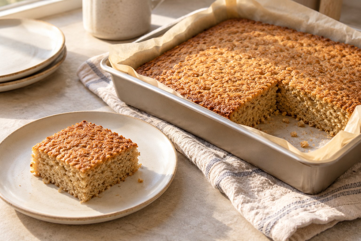 A simple oat-flour snack cake with a tender baked crumb