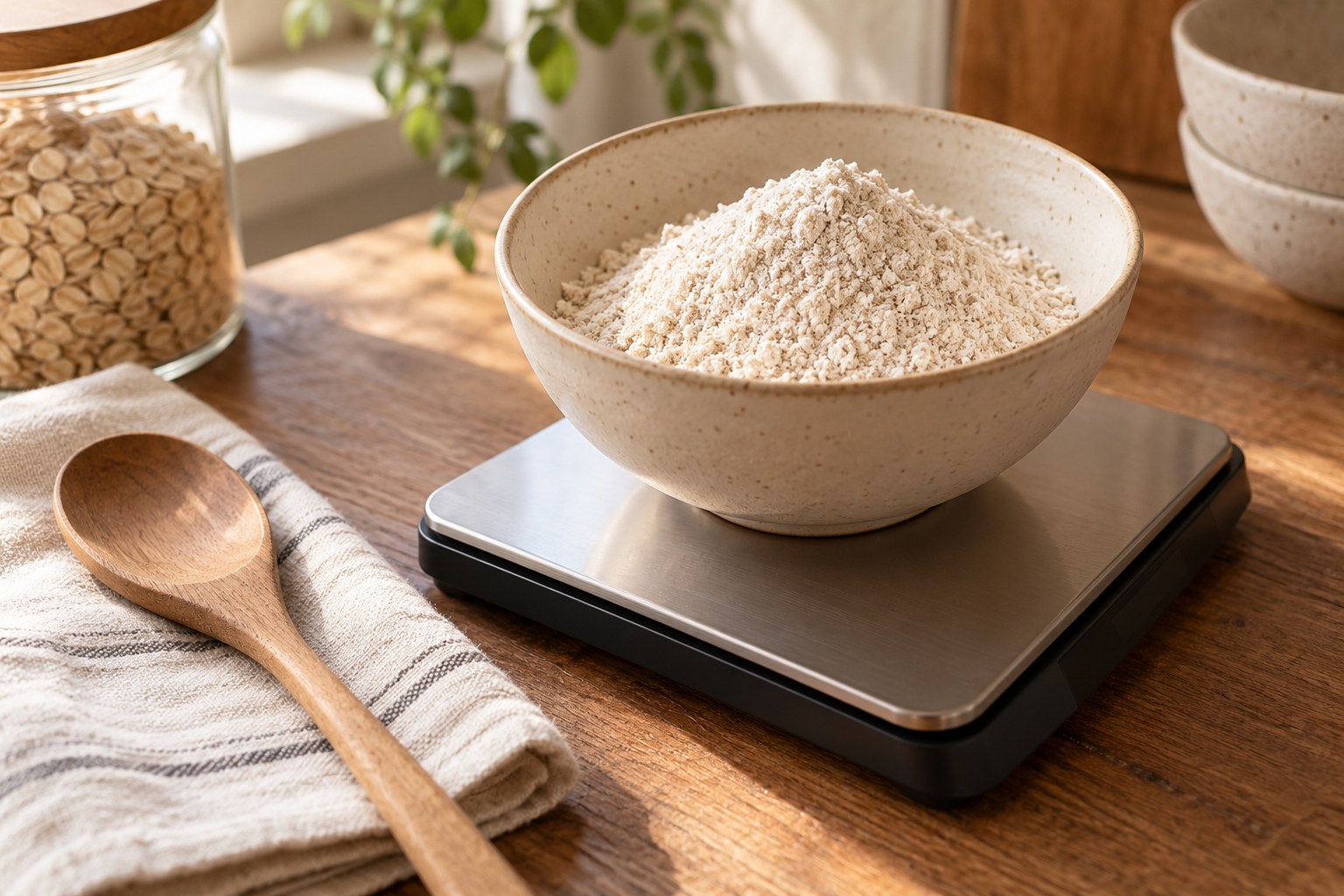 Oat flour measured in a bowl on a kitchen scale