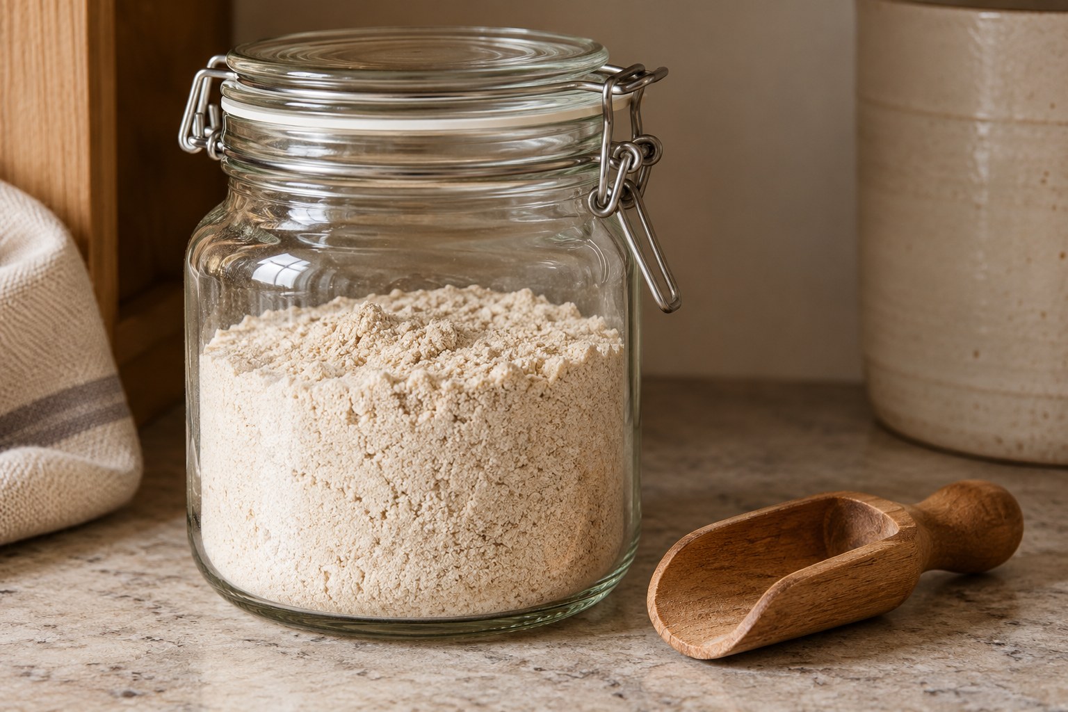 Oat flour stored in a clean airtight glass jar