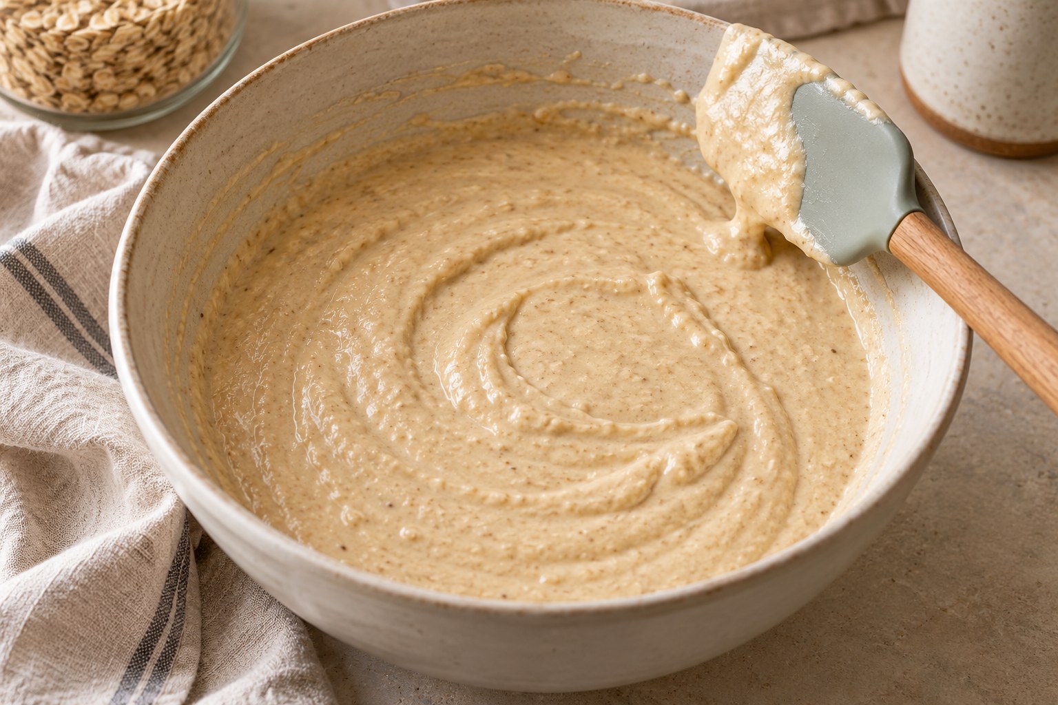 Oat-flour batter resting in a mixing bowl