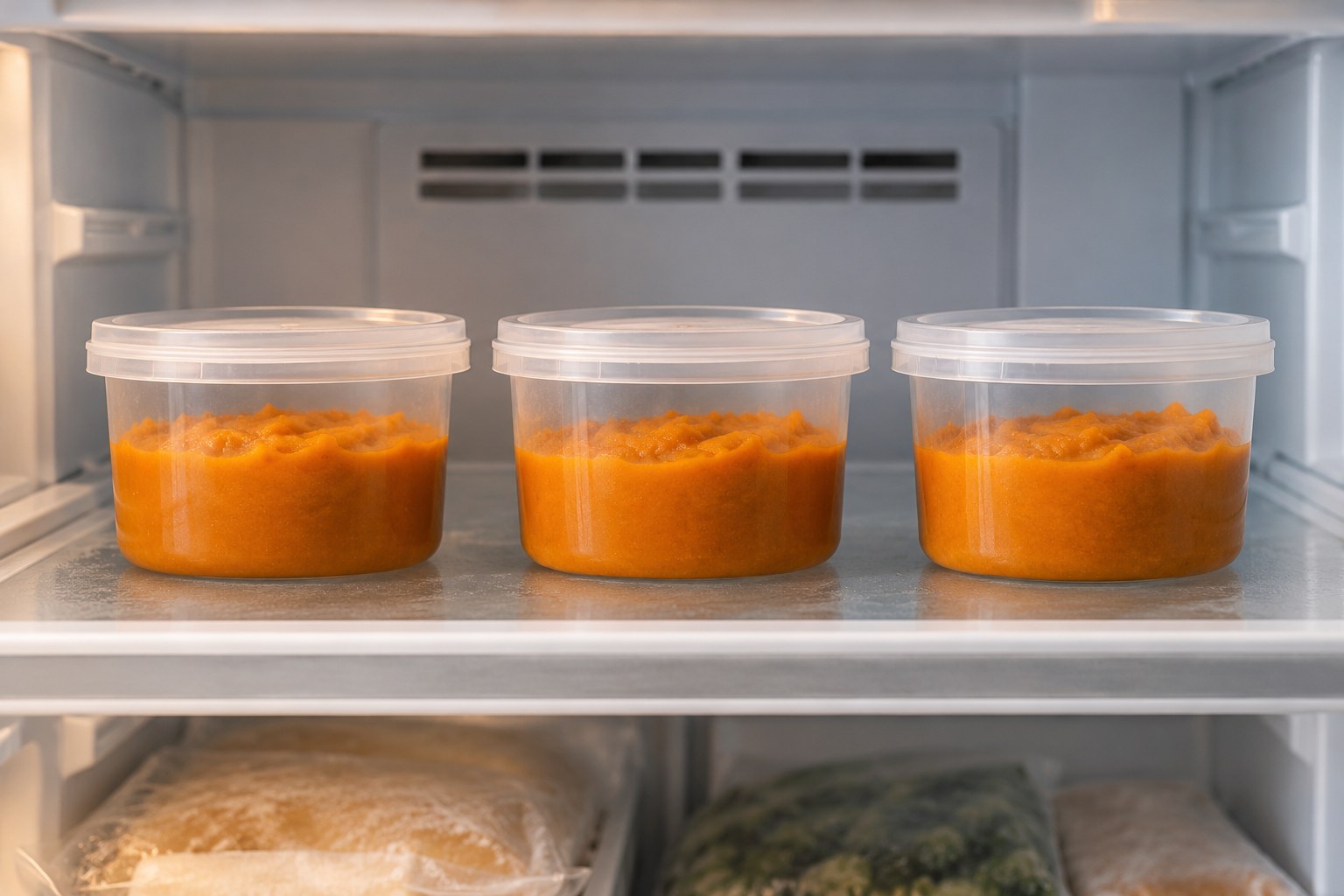 Measured pumpkin purée portions in freezer-safe containers