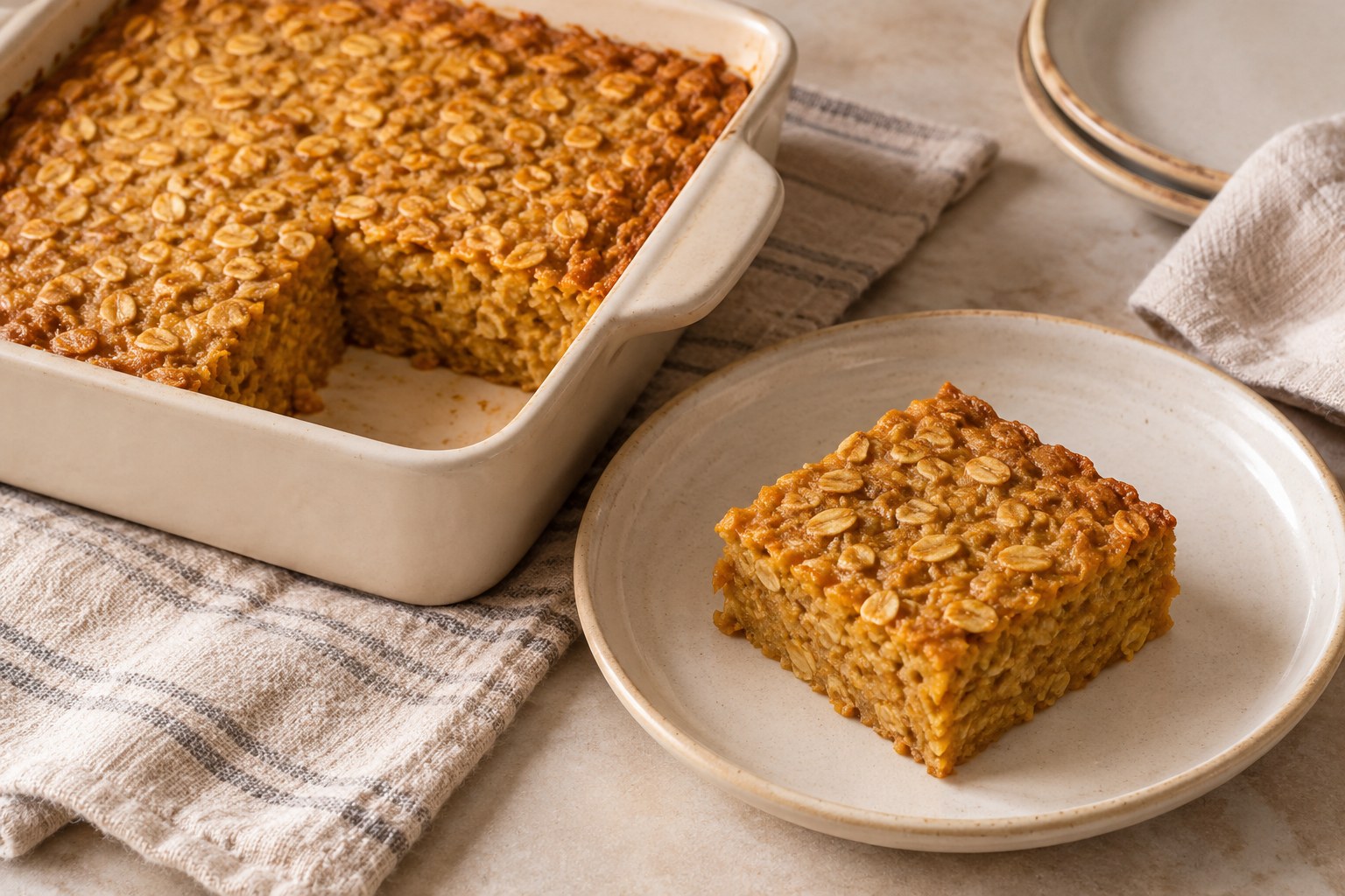 Pumpkin baked oatmeal cut into breakfast squares