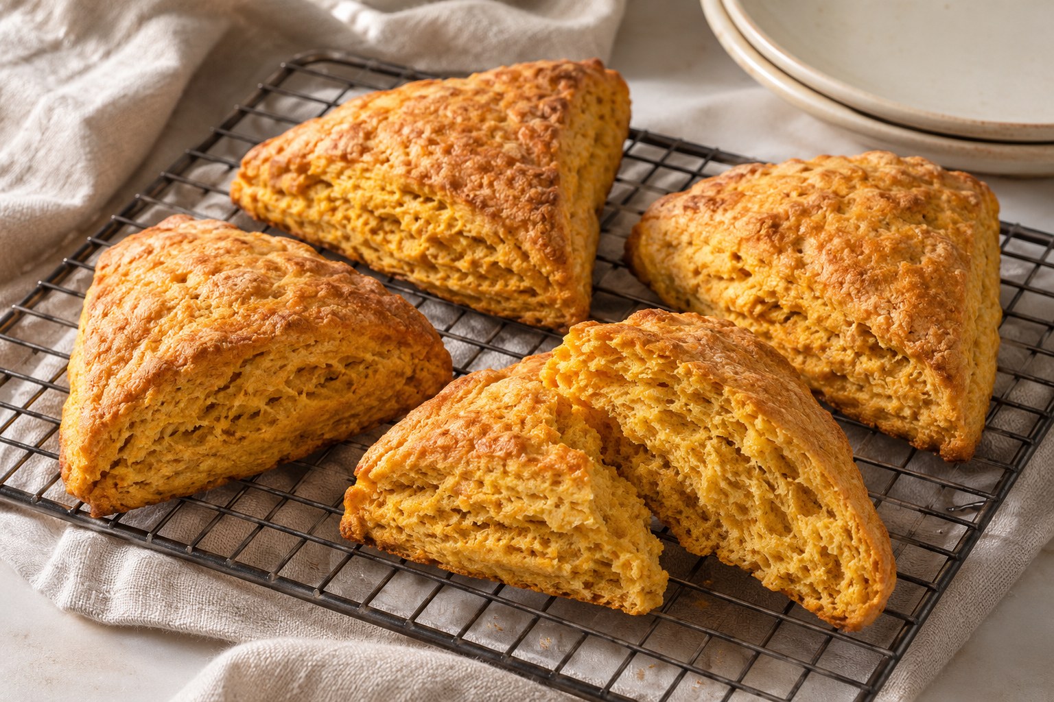 Golden pumpkin scones cooling on a rack