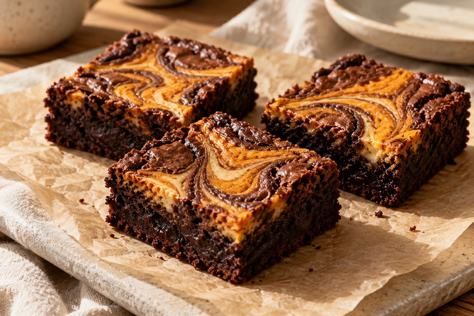Chocolate brownies with a baked pumpkin cream-cheese swirl