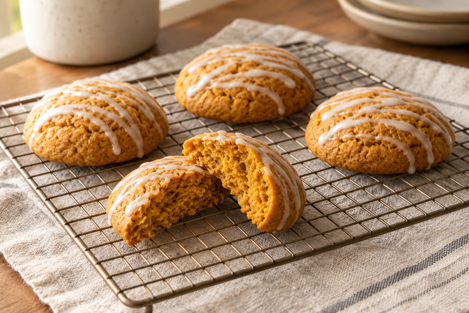 Soft pumpkin cookies with a light icing drizzle