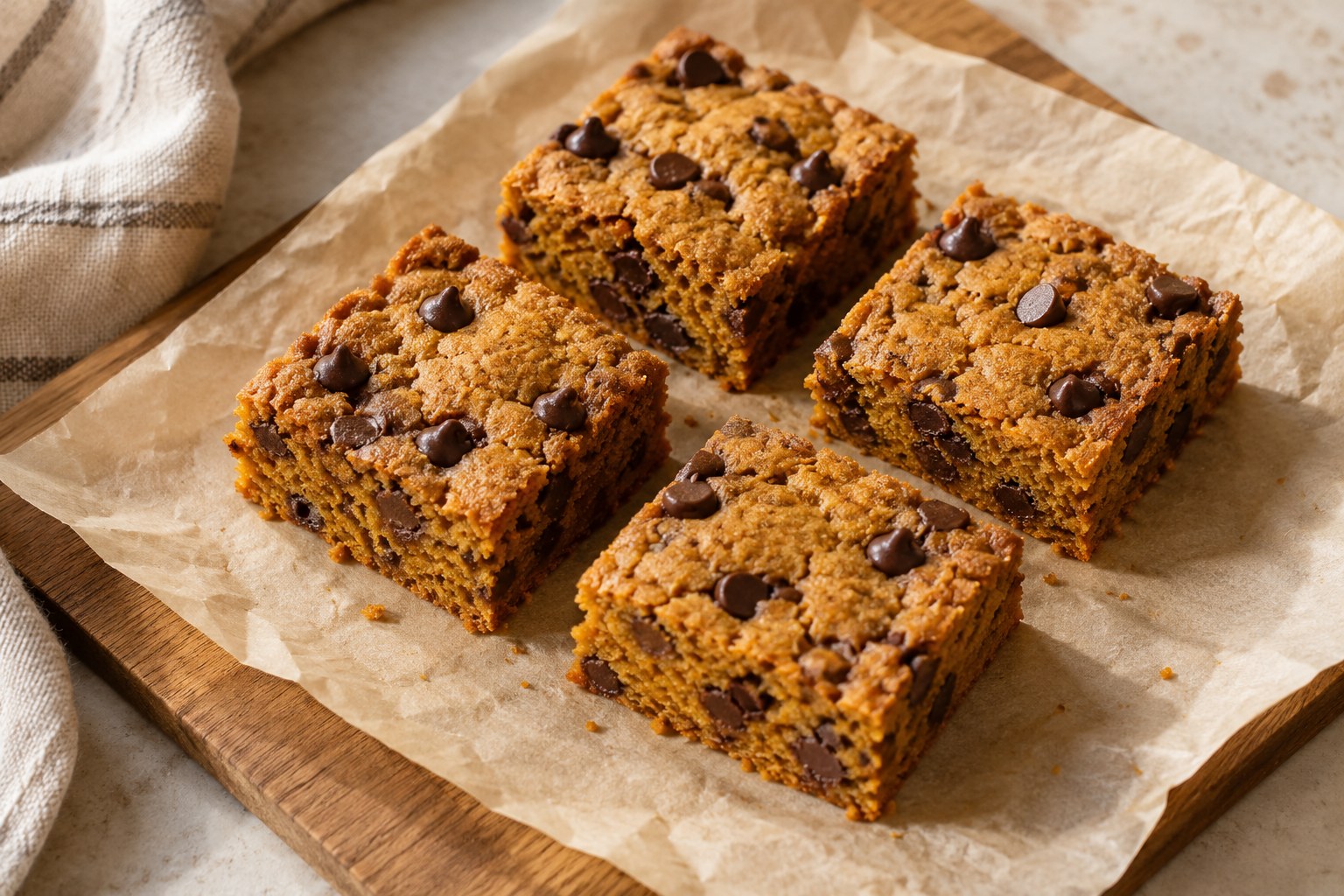 Pumpkin chocolate-chip bars cut into squares