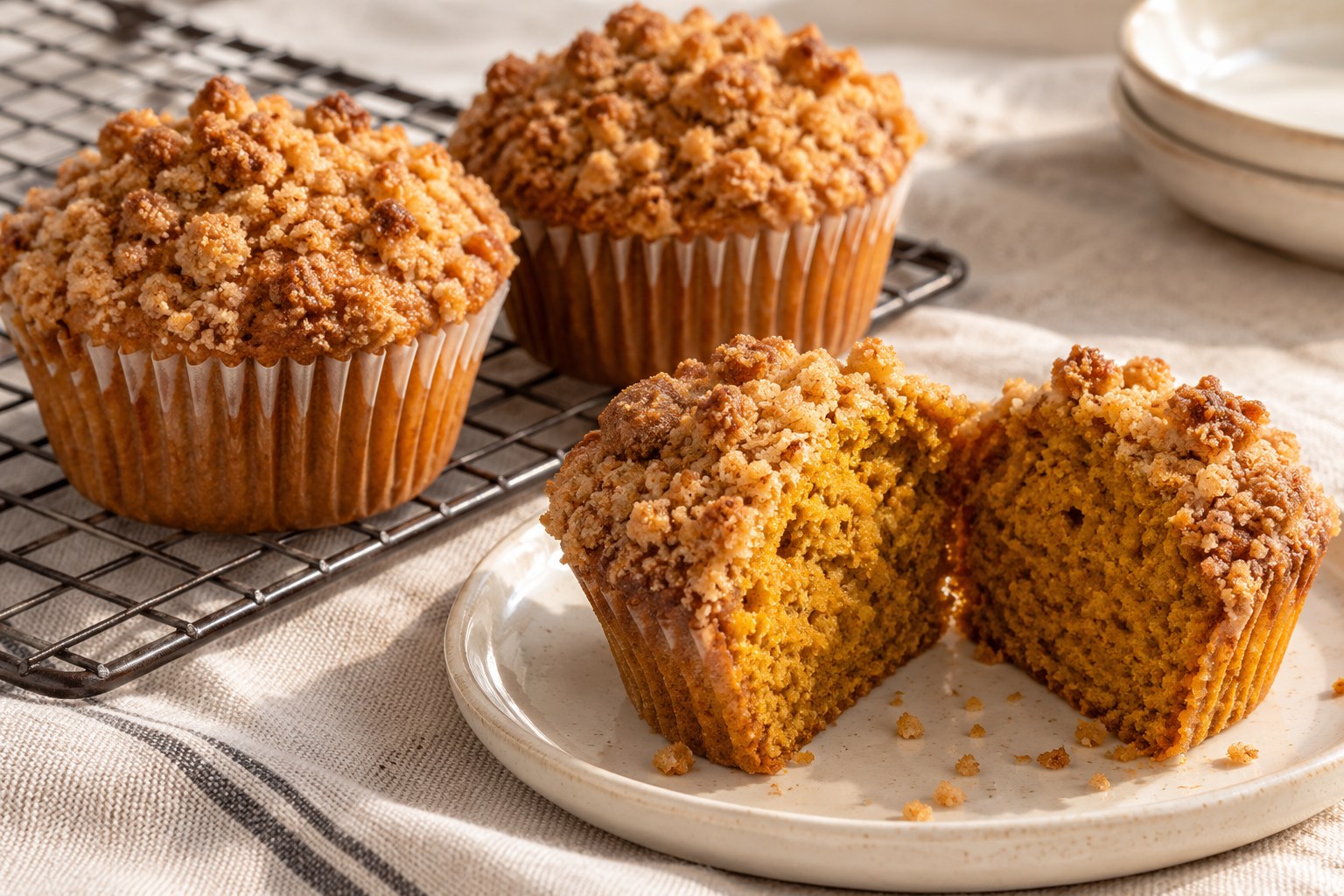 Pumpkin muffins with golden crumb topping