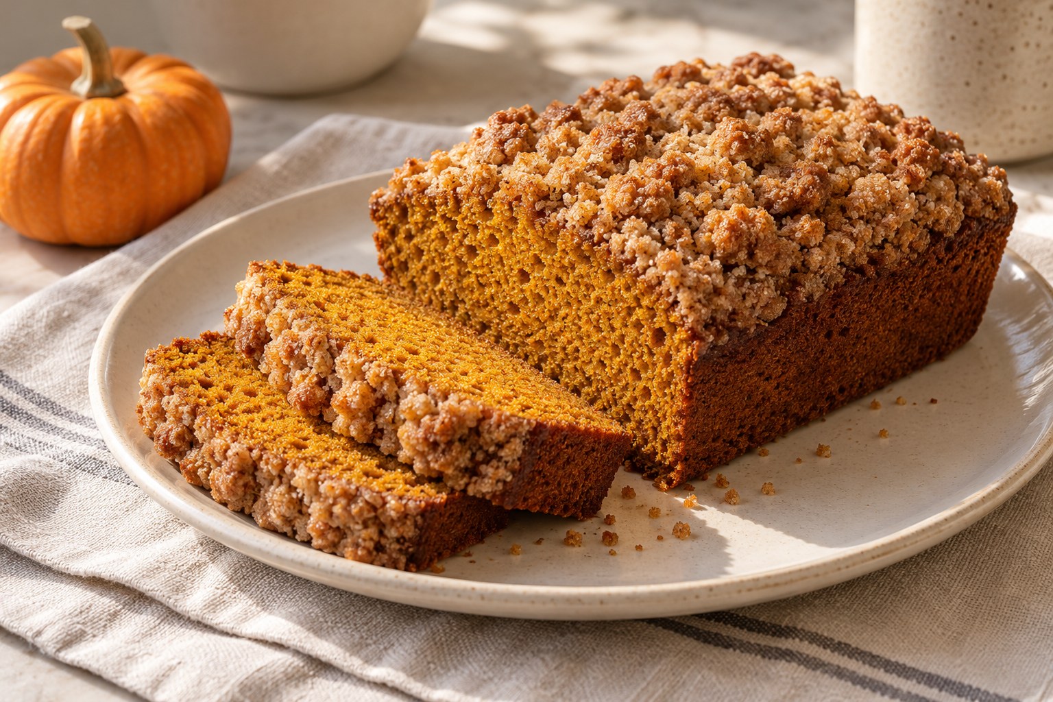 Pumpkin quick bread with a crisp streusel topping
