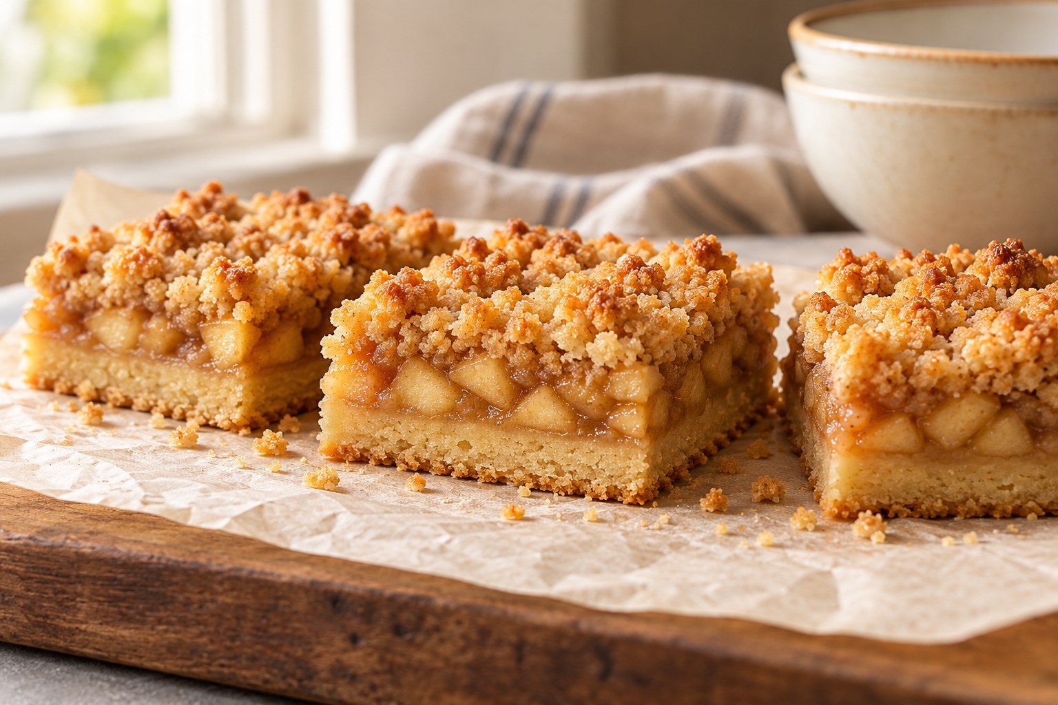 Apple crumble bars with a firm base and fruit layer