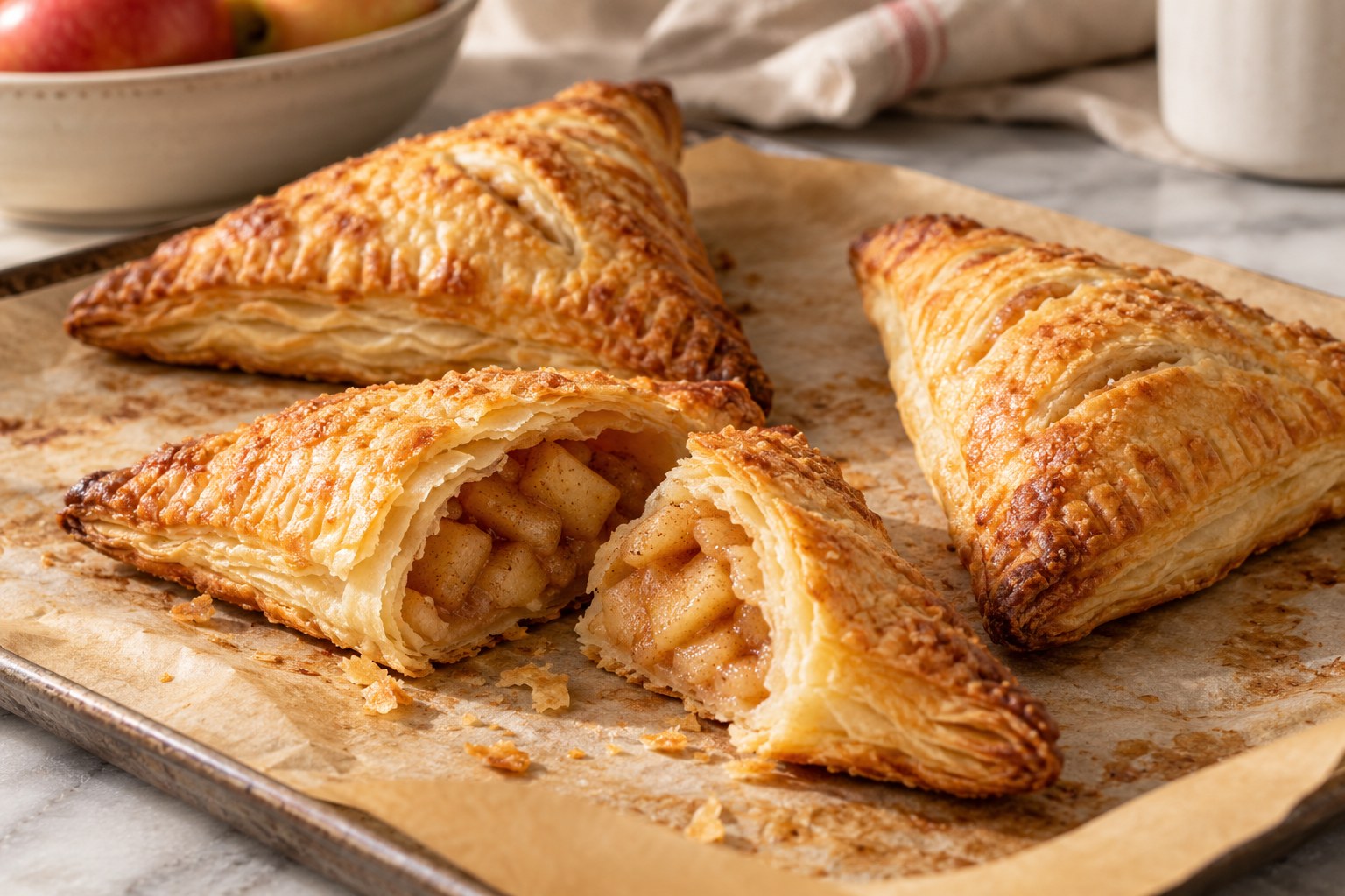 Flaky apple turnovers showing a cooked fruit filling