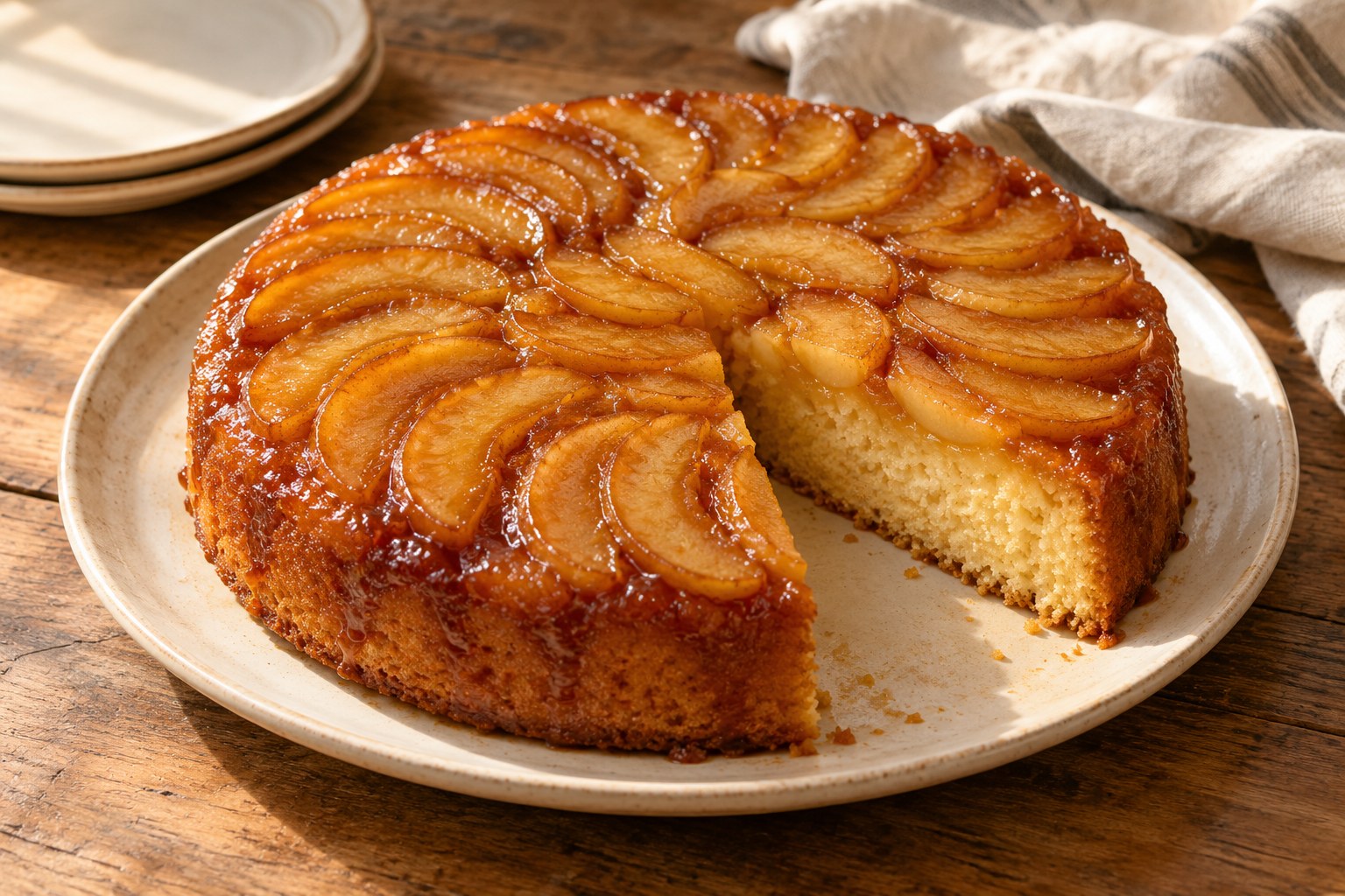 Caramel apple upside-down cake with arranged apple slices