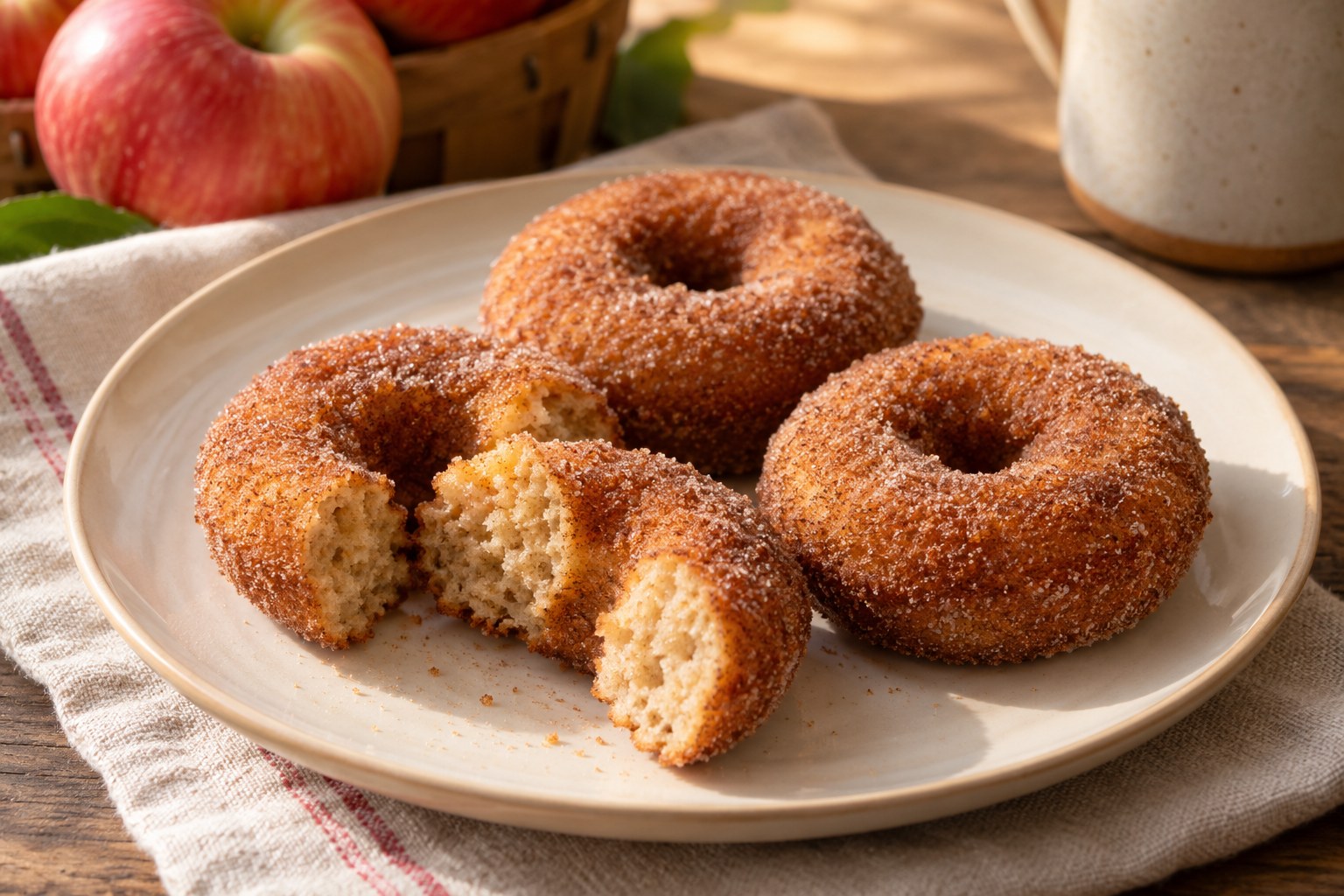 Apple cider doughnuts coated in cinnamon sugar