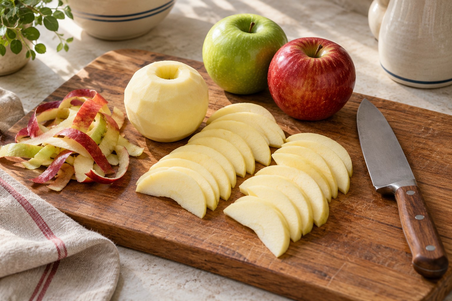 Evenly sliced apples on a stable cutting board