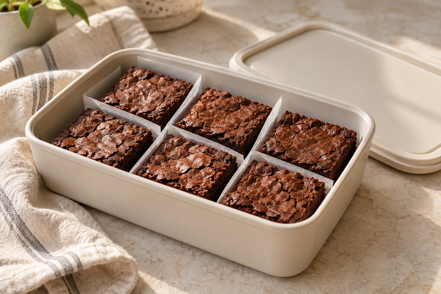 Cooled brownies separated with parchment in a storage container