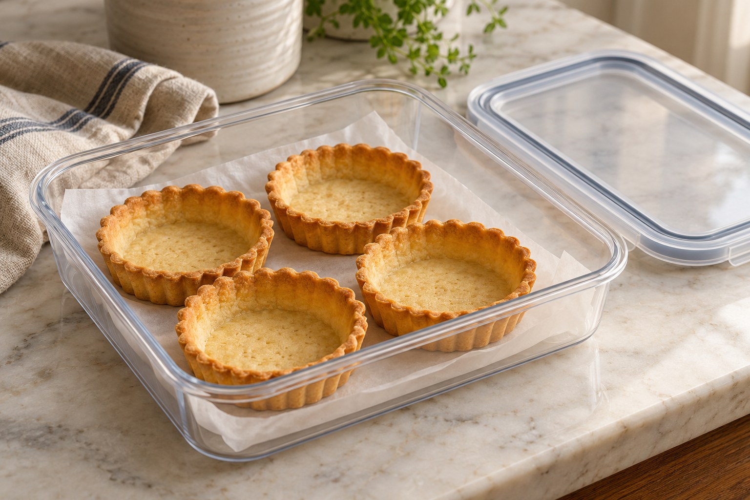 Empty baked tart shells protected in a rigid container