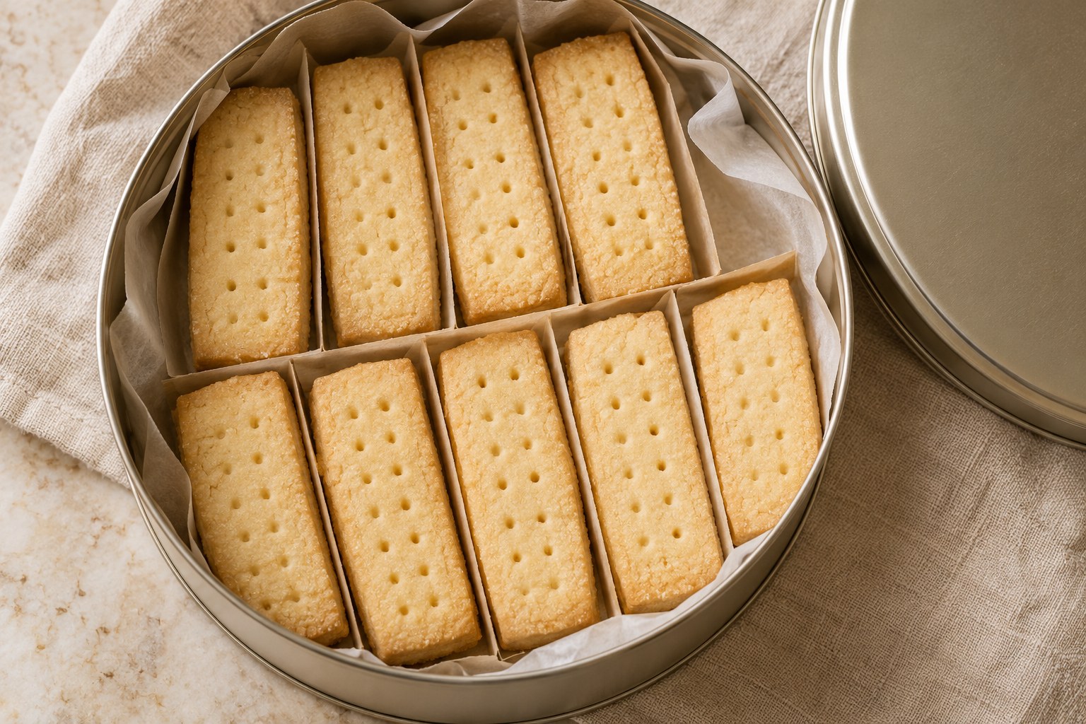Shortbread cookies separated by parchment in a rigid tin