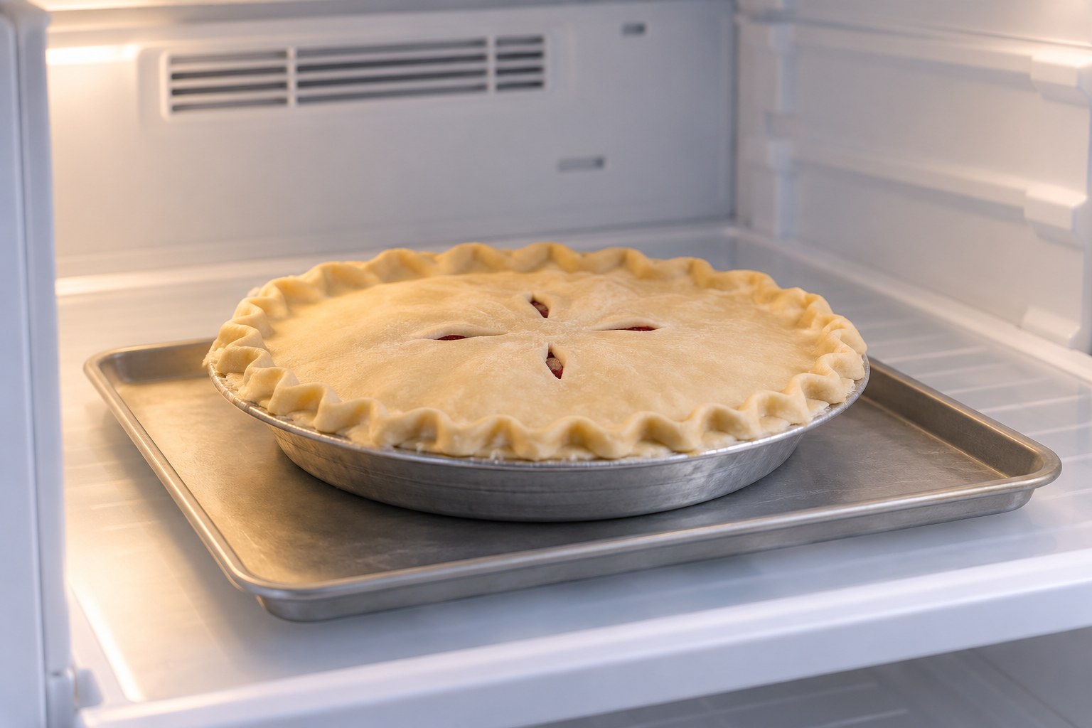 An unbaked pie resting level in a freezer before wrapping