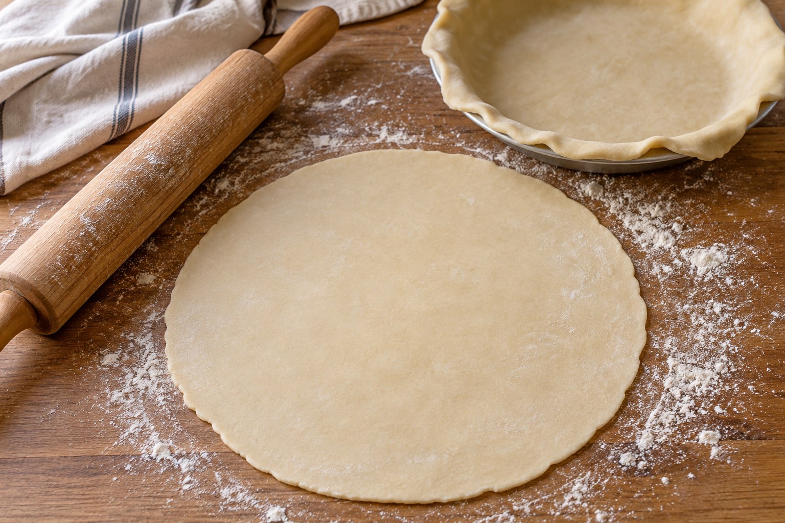 Chilled pie pastry rolled beside a lined metal pan