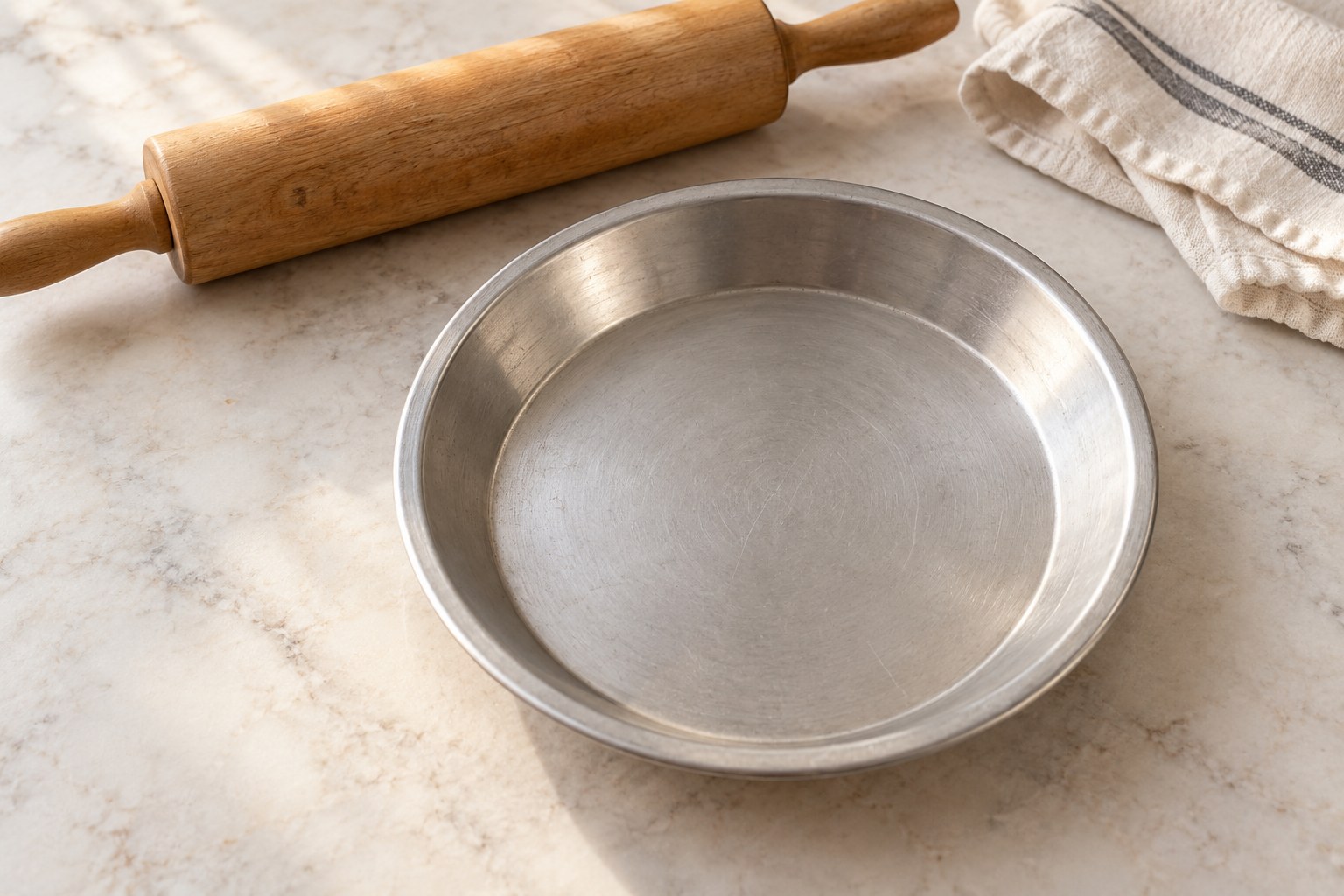 A plain metal pie pan ready for pastry