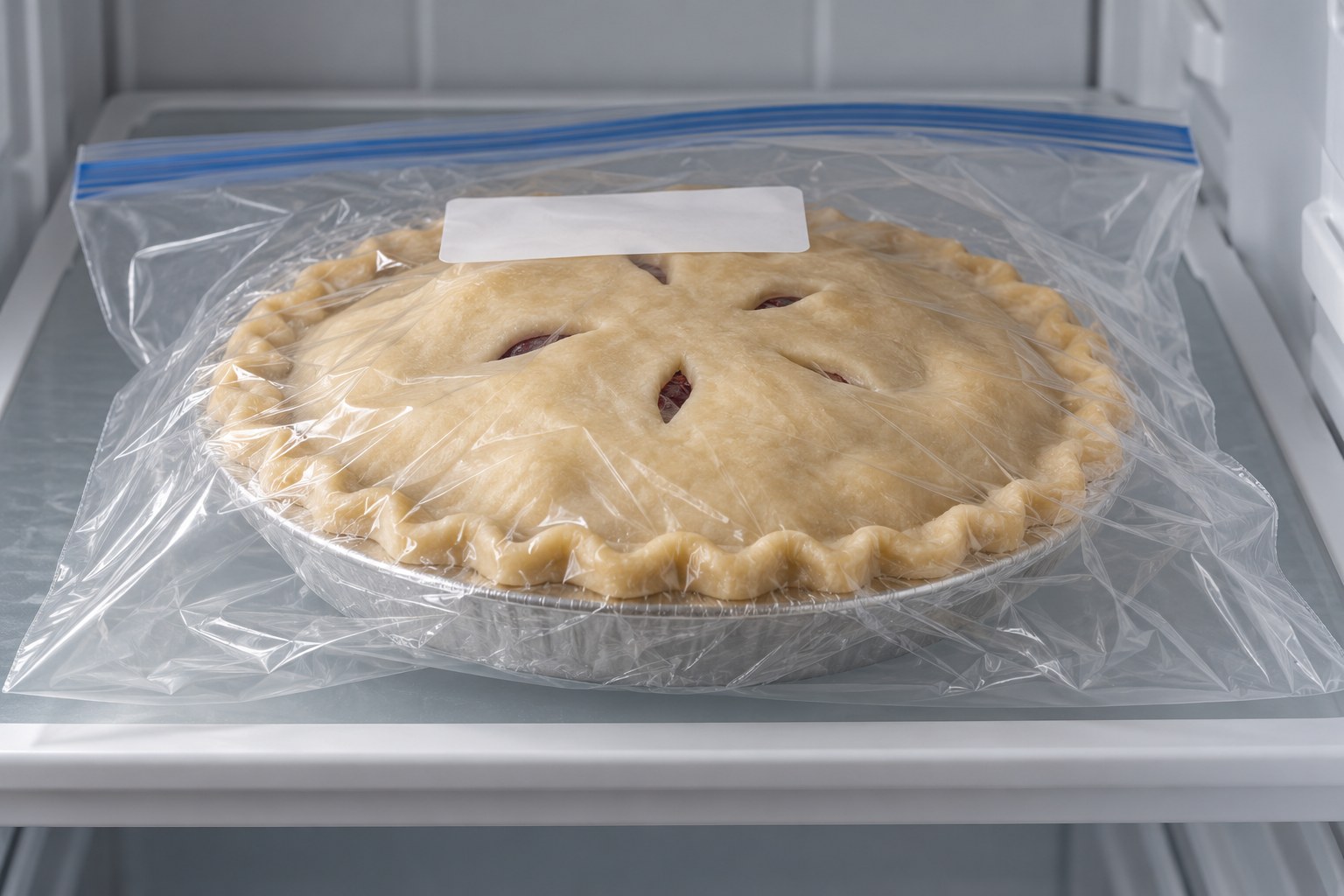 A frozen unbaked pie protected with freezer wrapping