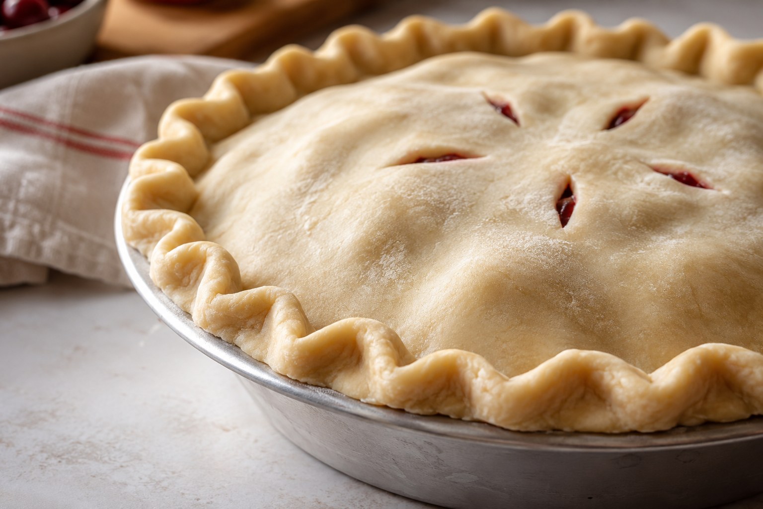 A sealed raw pie crust with neatly crimped edges